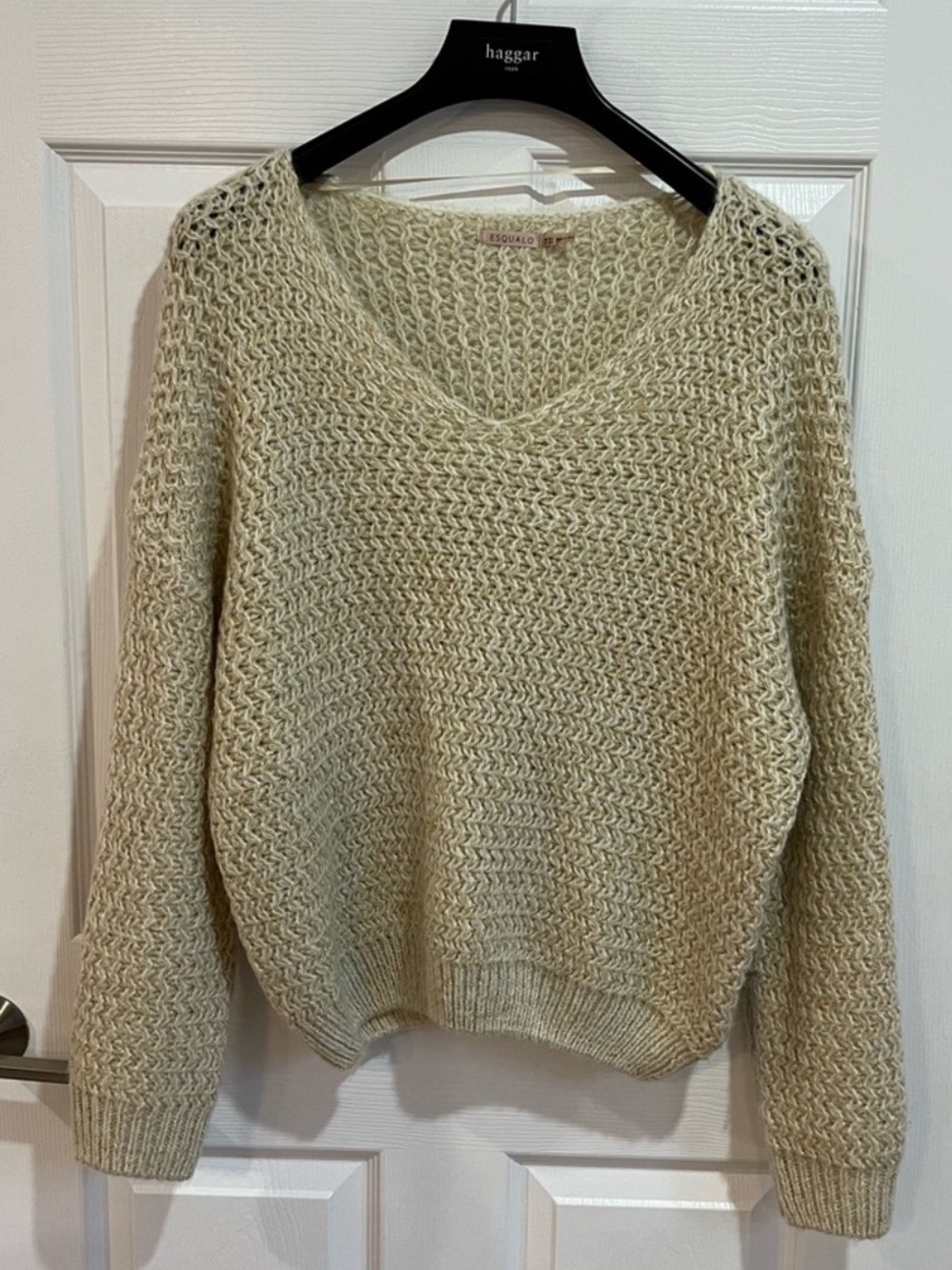 EsQualo Cream Gold Metallic Chunky Knit V-Neck Sweater M/L